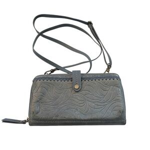 The Sak Iris Large Smartphone Crossbody Blue/Gray Floral Embossed Leather